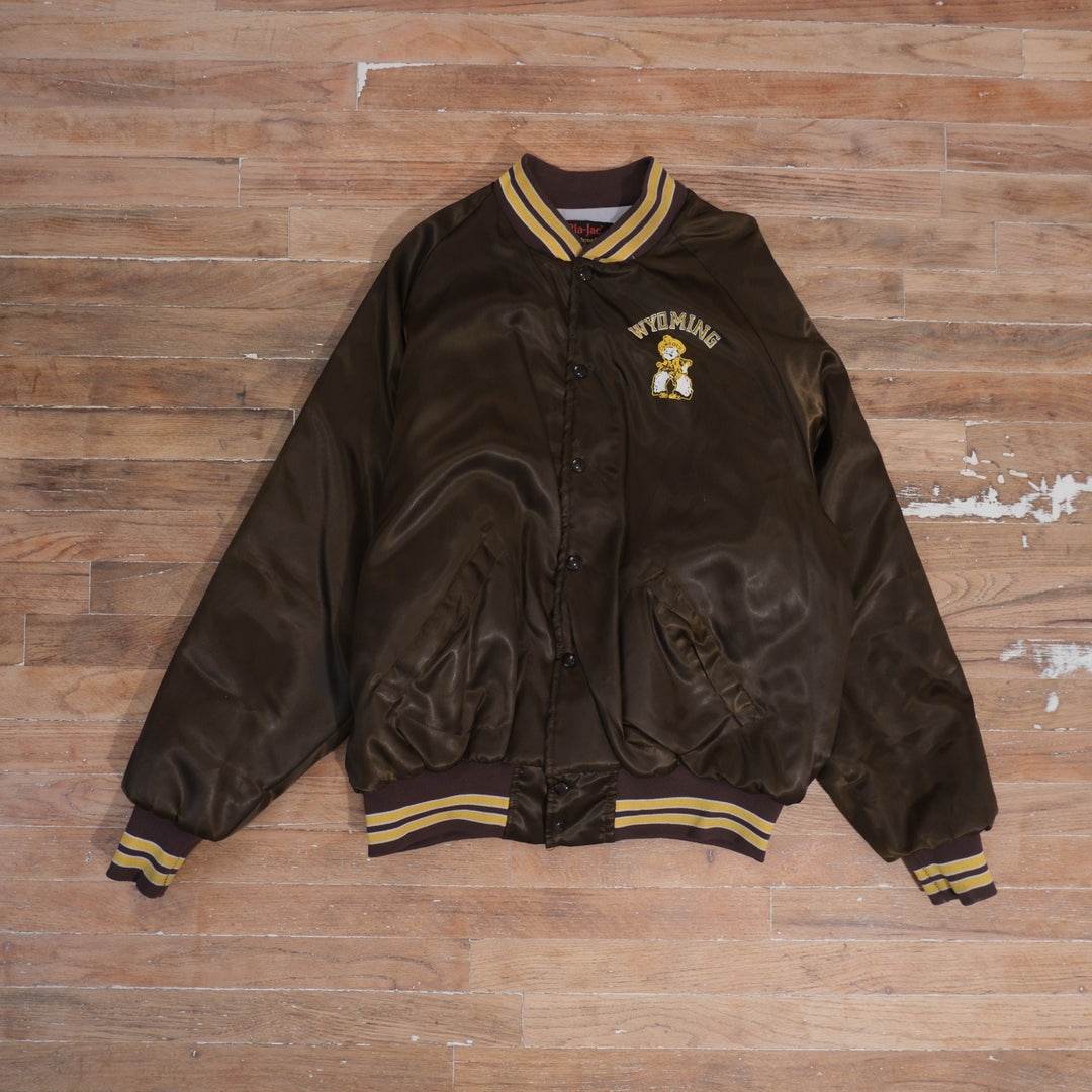 1980s 80s Wyoming Cowboys Calico Joe Satin Bomber Jacket, full garment front view