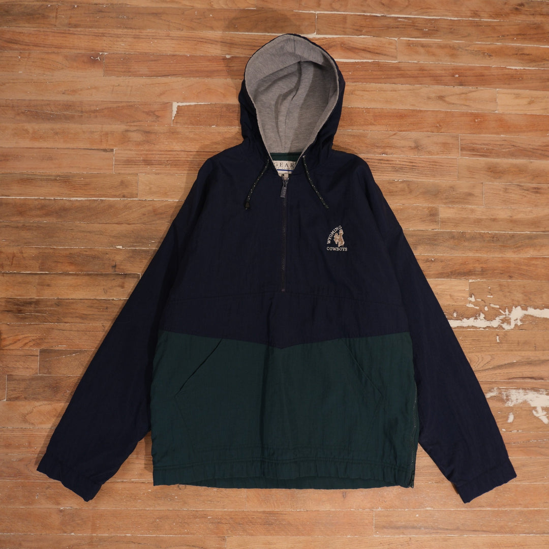 1990s navy and green Wyoming Cowboys colorblock hooded pullover windbreaker with chest emblem