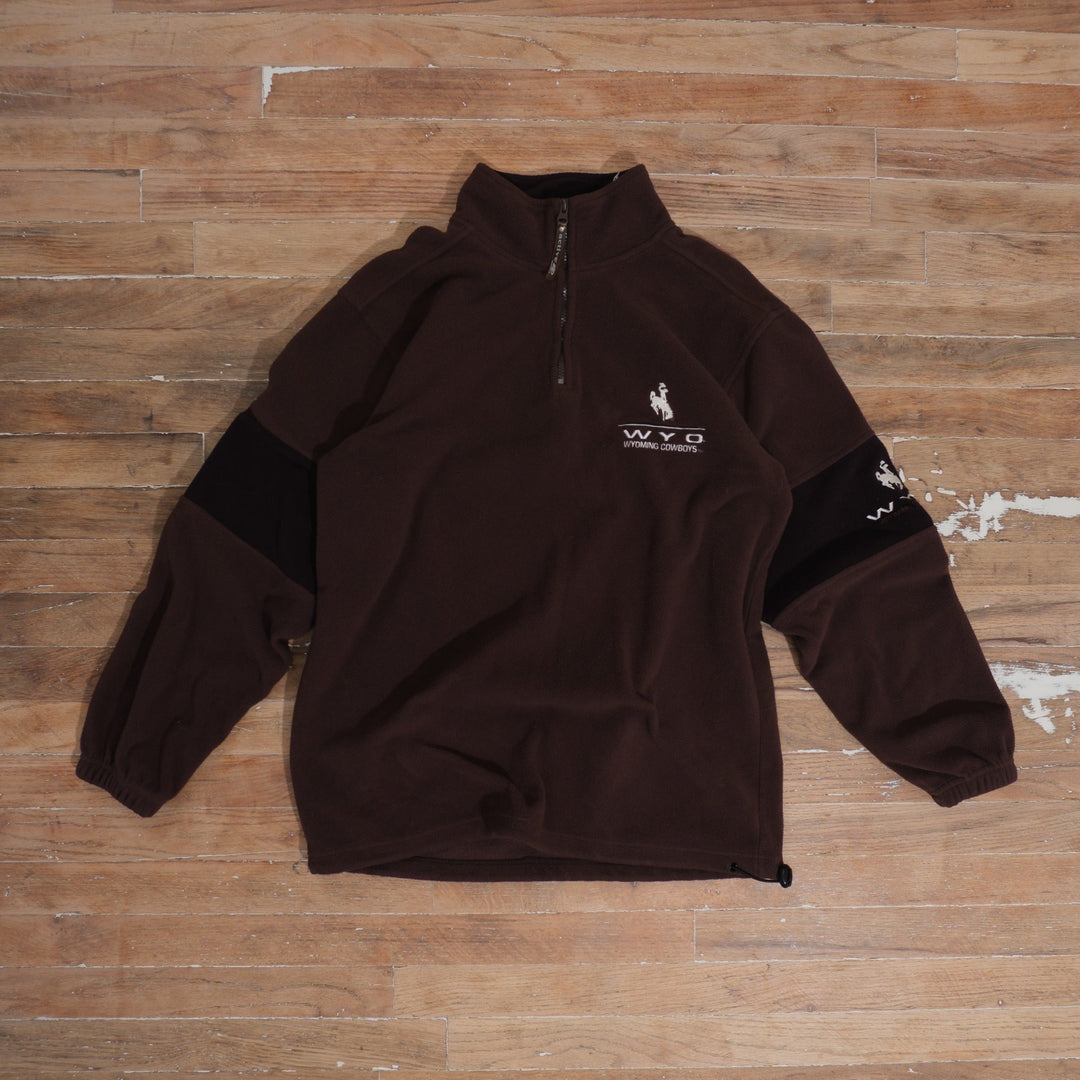 Brown Y2K Wyoming Cowboys fleece quarter-zip with contrasting sleeve panels and white WYO embroidery