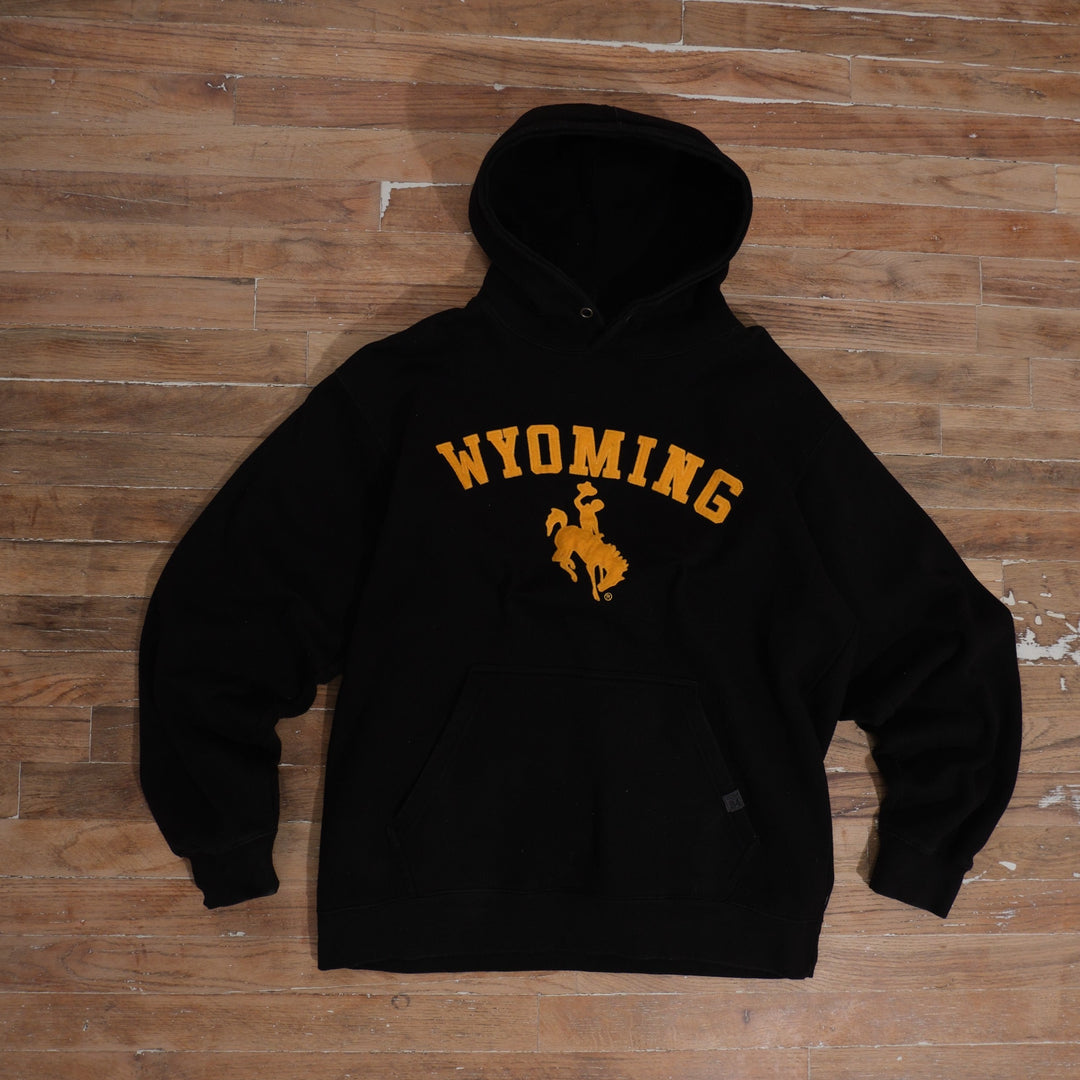Mid-2000s black Wyoming Cowboys cotton hoodie with gold embroidered Wyoming arch and Steamboat emblem