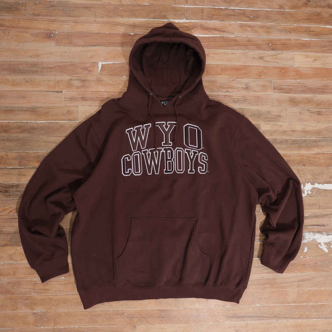 2000s brown 2000s WYO Cowboys Embroidered Brown Hoodie photographed flat on wood floor