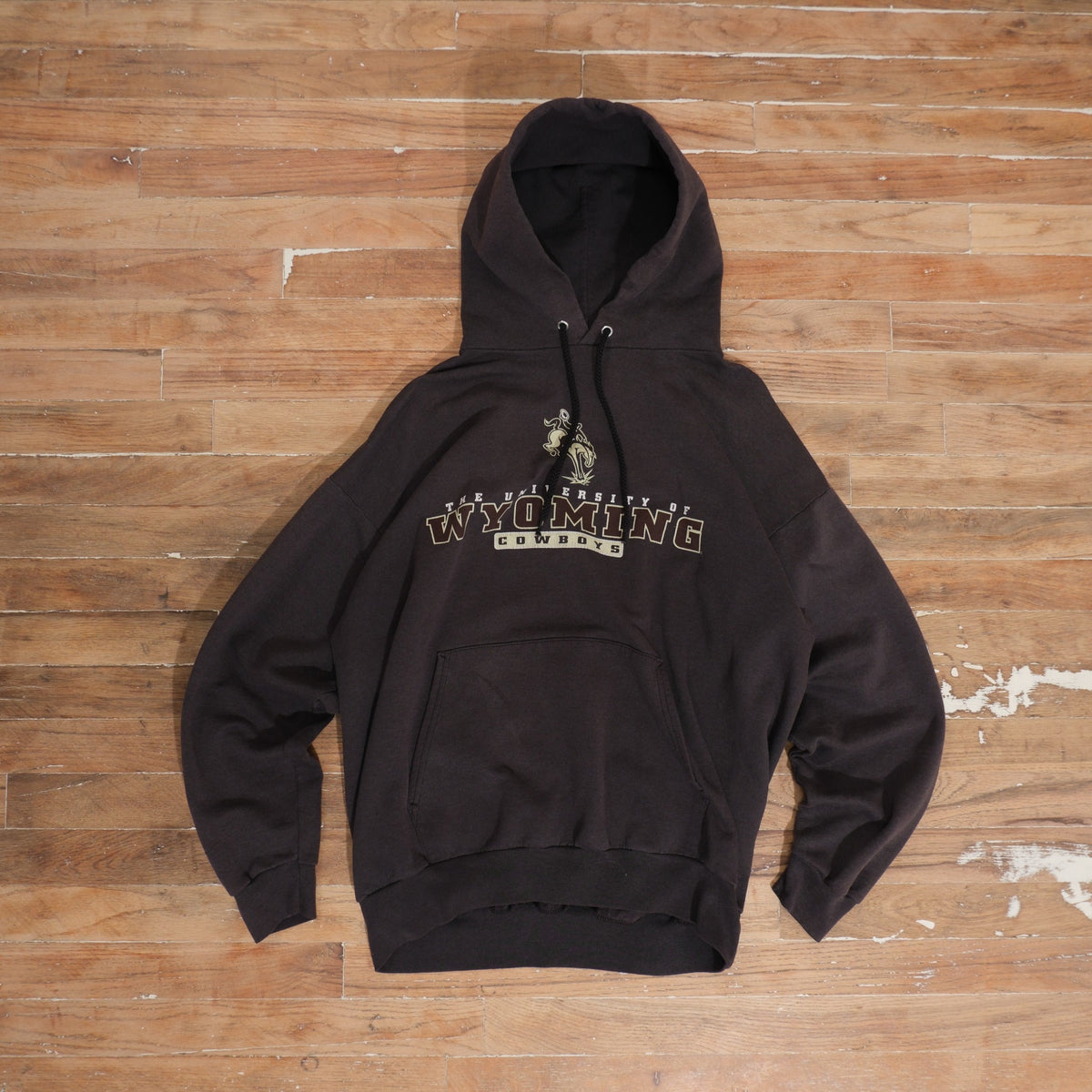 Y2K charcoal University of Wyoming Charcoal Graphic Hoodie photographed flat on wood floor