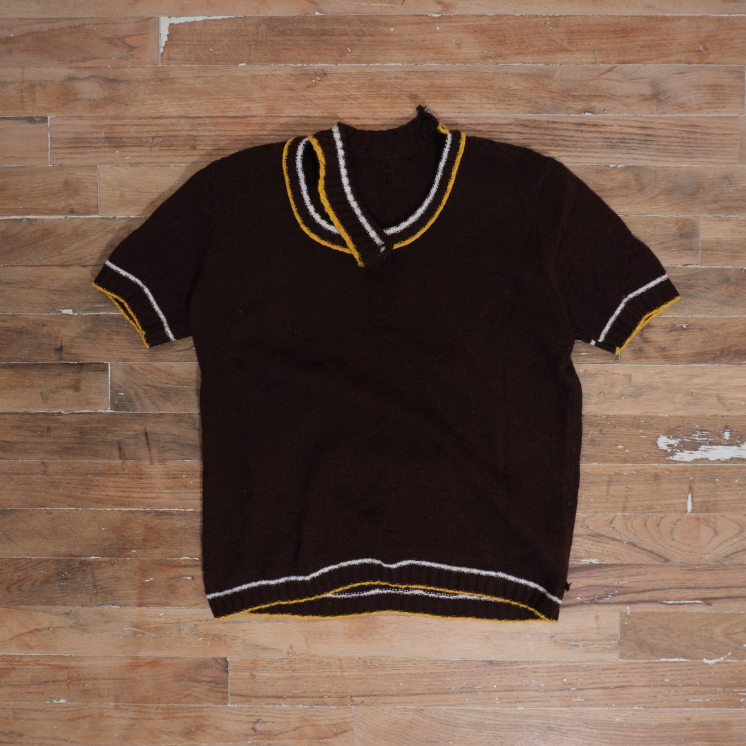 1960s brown / gold / white 60s Brown Gold Striped Wool Choker Collar Knit Top photographed flat on wood floor