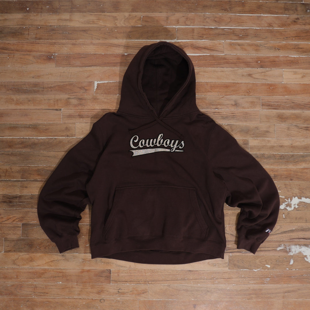Y2K brown / silver Wyoming Cowboys Brown Embellished Script Hoodie photographed flat on wood floor