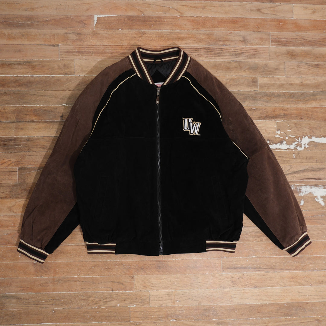 Y2K Wyoming Cowboys black / brown / cream varsity jacket wyoming cowboys wyo suede sleeve varsity jacket front flat lay