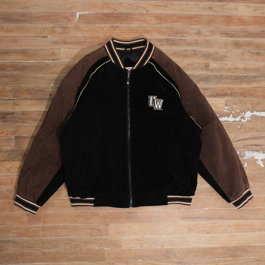 Y2K Wyoming Cowboys black / brown / cream varsity jacket wyoming cowboys wyo suede sleeve varsity jacket front flat lay