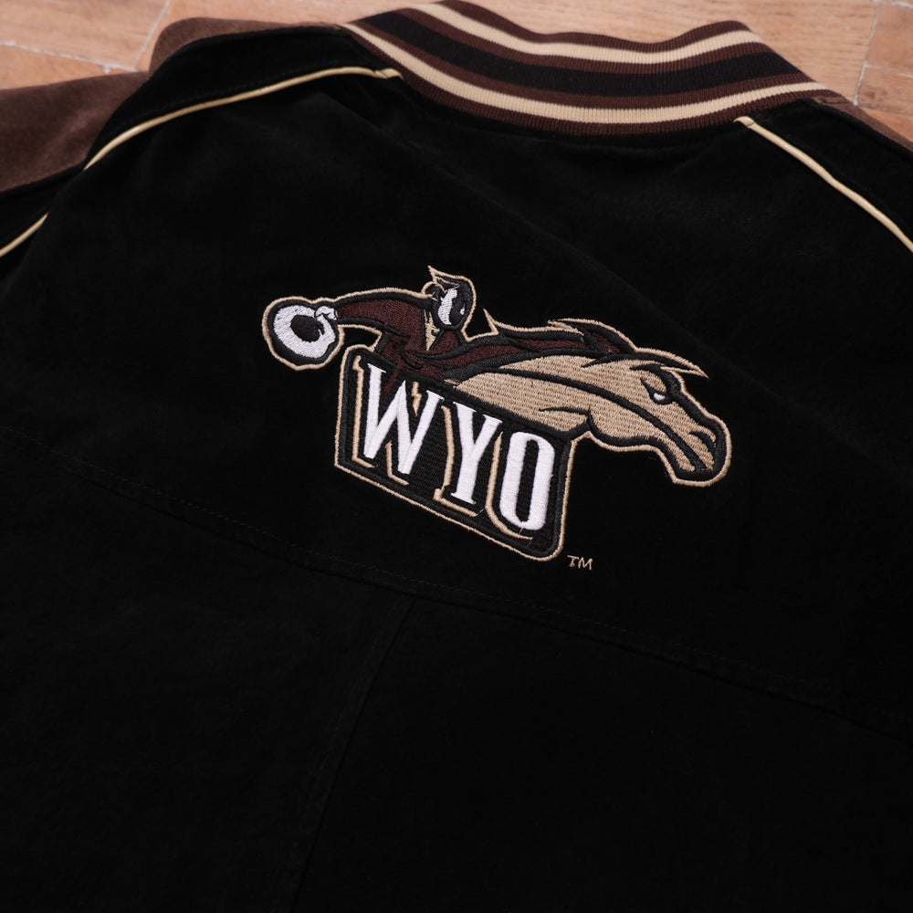 Y2K Wyoming Cowboys black / brown / cream varsity jacket wyoming cowboys wyo suede sleeve varsity jacket back embroidery detail