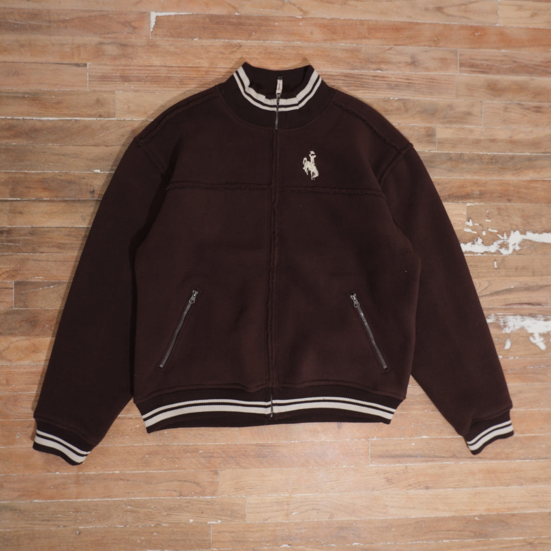 Early 2000s Wyoming Cowboys brown / cream fleece jacket wyoming cowboys brown steamboat full zip fleece jacket front flat lay