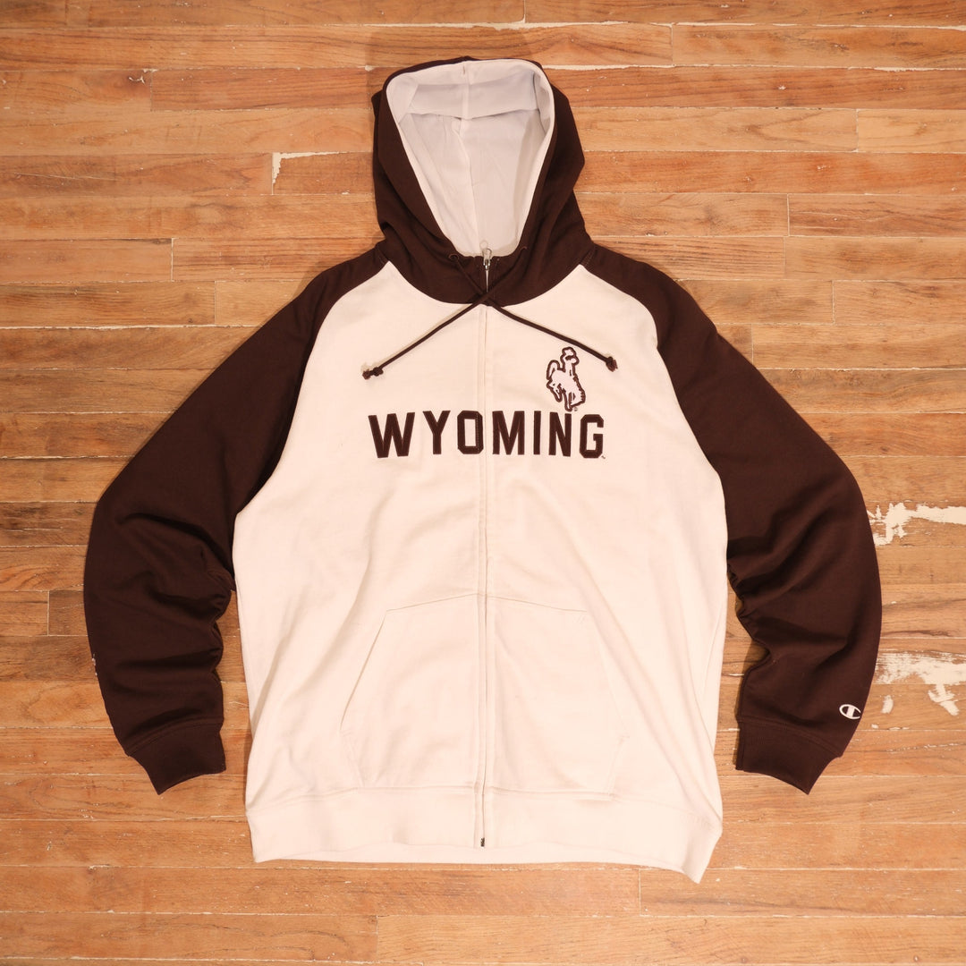 Mid-2000s Wyoming Cowboys cream / brown full zip hoodie champion wyoming cowboys brown white full zip hoodie front flat lay