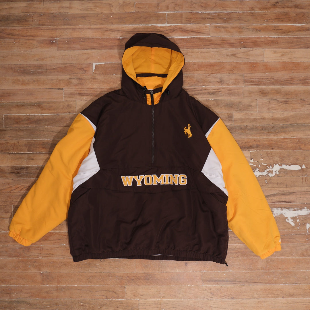 Mid-2000s Wyoming Cowboys brown / gold / white anorak jacket wyoming cowboys brown gold colorblock heavyweight anorak jacket front flat lay
