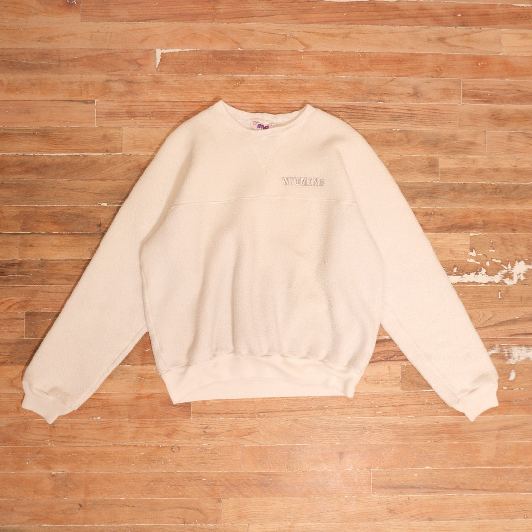 1980s Wyoming Cowboys snow white / cream crewneck 80s wyoming snow white embroidered cropped fleece crewneck front flat lay