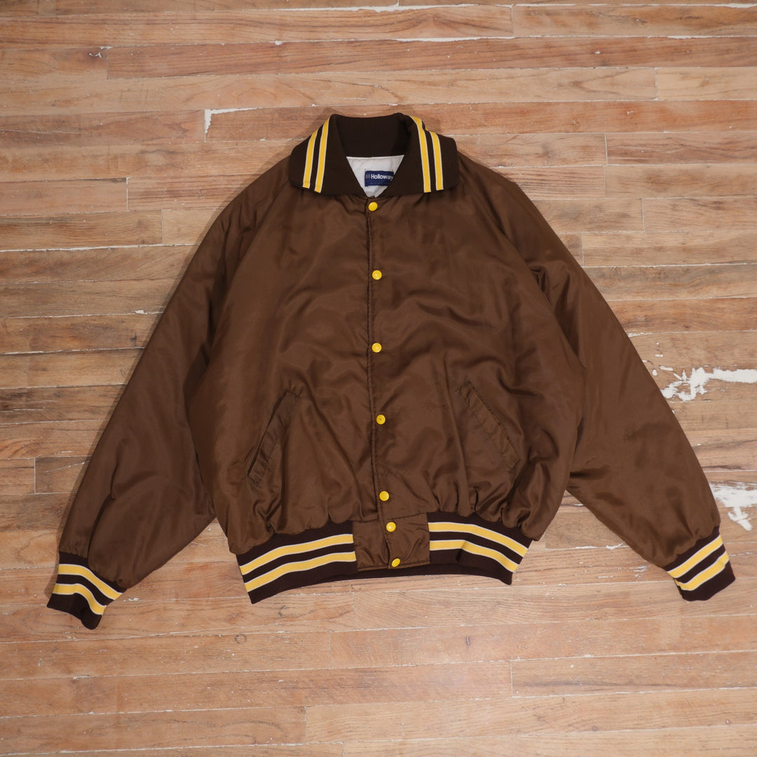 1980s Wyoming Cowboys brown / gold / white bomber jacket 80s wyoming cowboys embroidered brown bomber jacket front flat lay