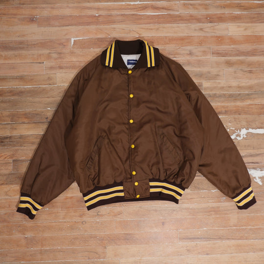 1980s Wyoming Cowboys brown / gold / white bomber jacket 80s wyoming cowboys embroidered brown bomber jacket front flat lay