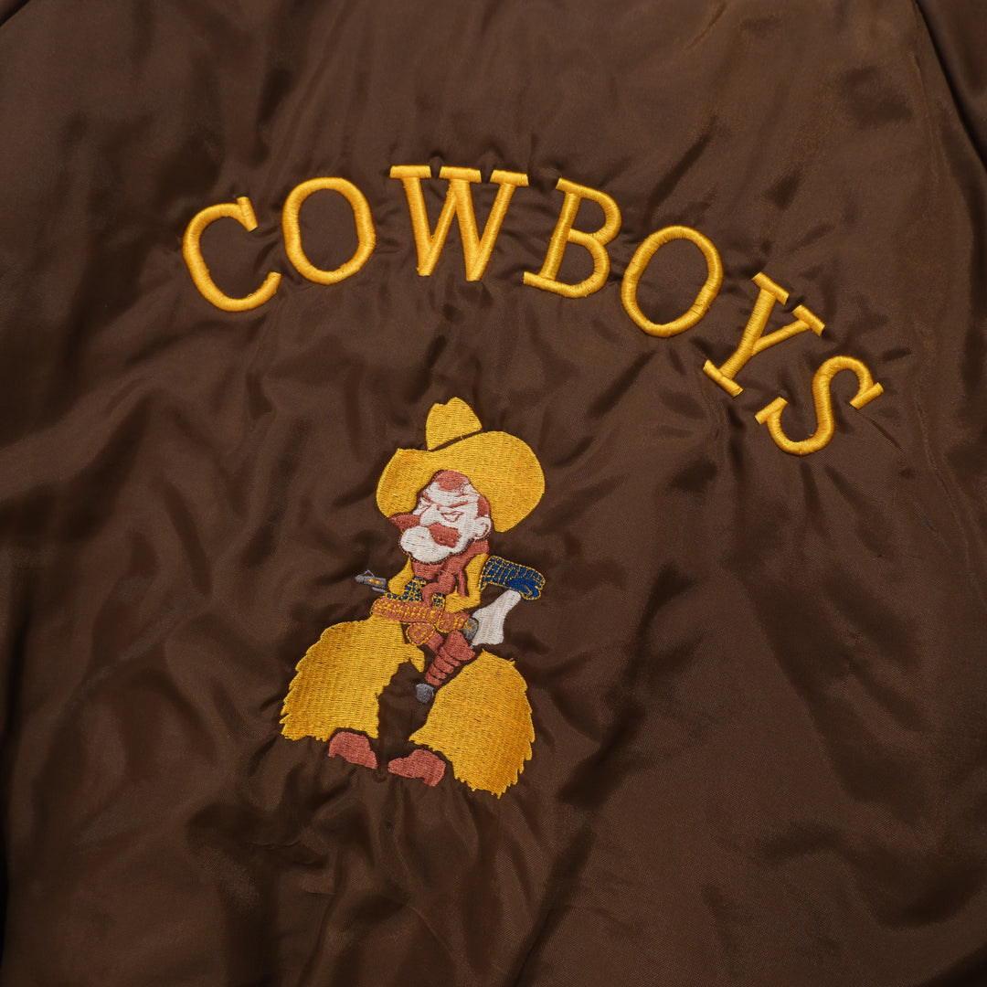 1980s Wyoming Cowboys brown / gold / white bomber jacket 80s wyoming cowboys embroidered brown bomber jacket back embroidery detail
