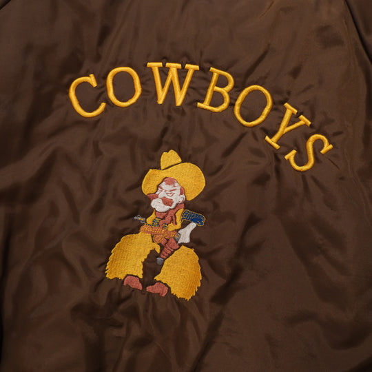 1980s Wyoming Cowboys brown / gold / white bomber jacket 80s wyoming cowboys embroidered brown bomber jacket back embroidery detail