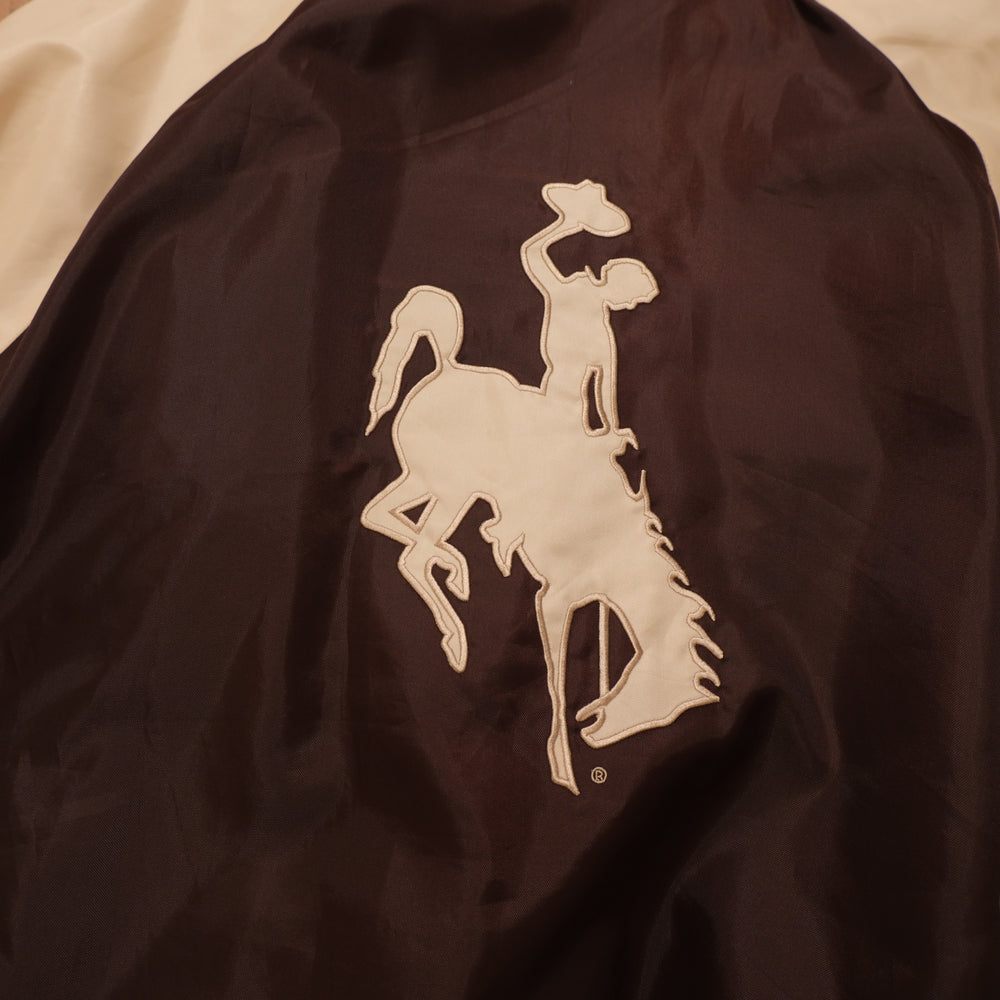Y2K Wyoming Cowboys brown / cream / white winter jacket wyoming cowboys steamboat brown gold colorblock winter jacket back embroidery detail