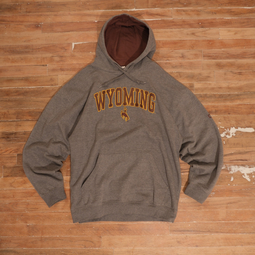 Mid-2000s Wyoming Cowboys heather gray / brown / gold hoodie wyoming cowboys heather gray contrast hood embroidered hoodie front flat lay
