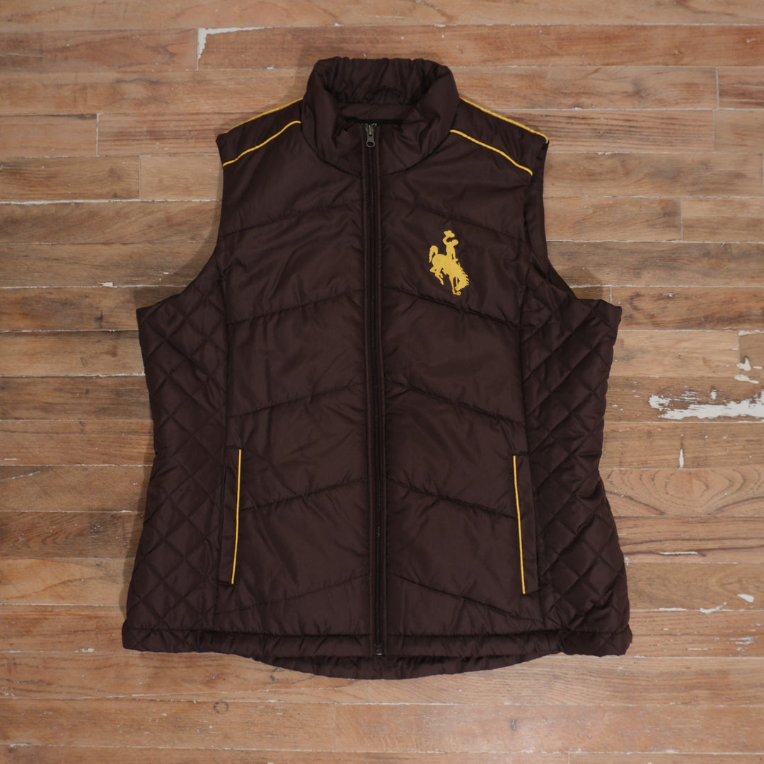 Mid-2000s Wyoming Cowboys chocolate brown / gold puffer vest wyoming cowboys brown quilted steamboat puffer vest front flat lay