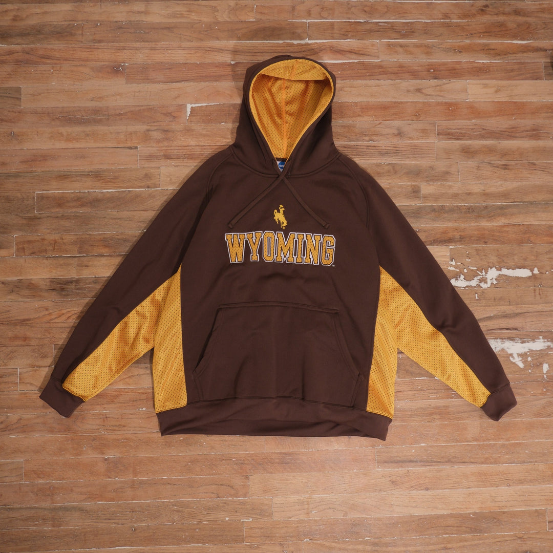Mid-2000s Wyoming Cowboys brown pullover hoodie with gold mesh sleeve and side panels, mesh-lined hood, textured Wyoming chest lettering, and Steamboat logo.