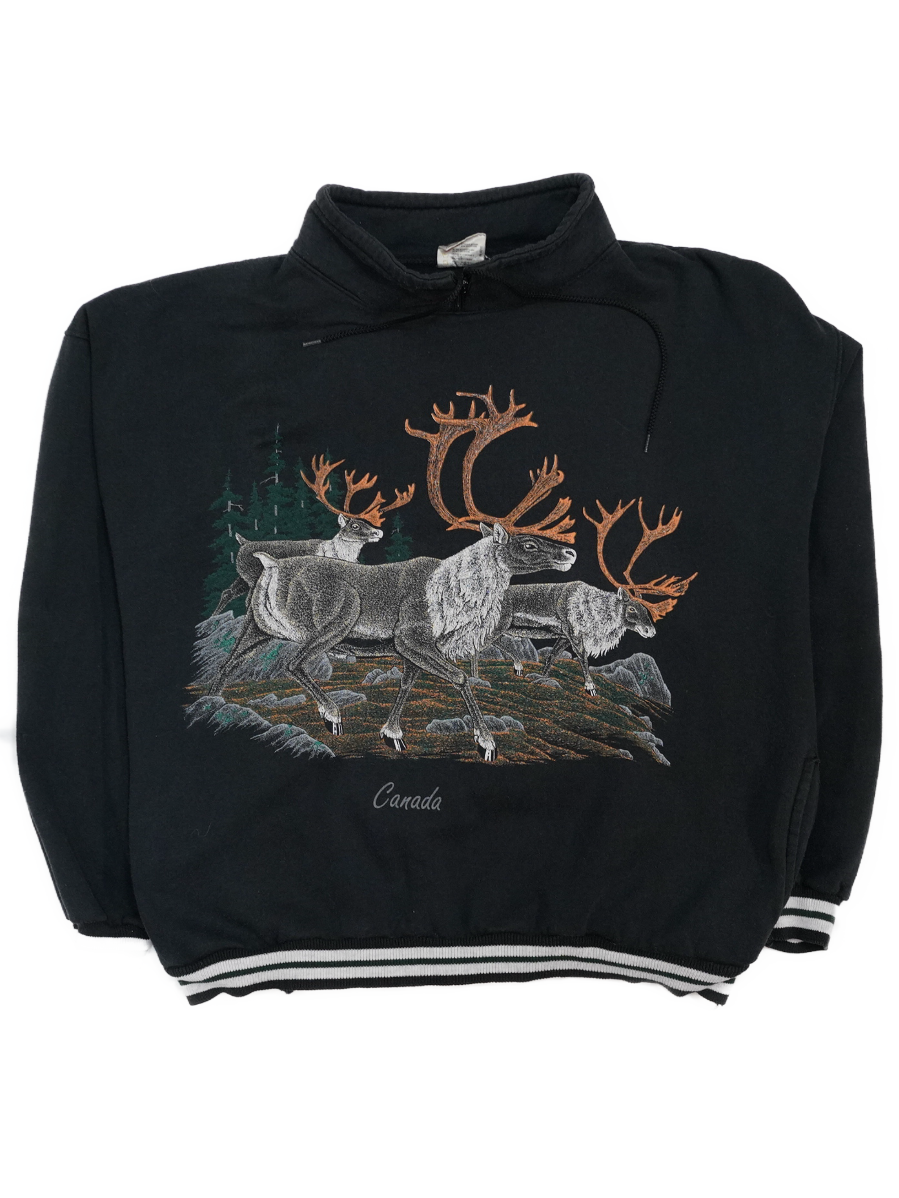 1990s vintage black Caribou crewneck sweatshirt with a collar from West Block Vintage, size medium, ideal for an oversized fit on smaller sizes. The sweatshirt is in very good condition and has limited availability
