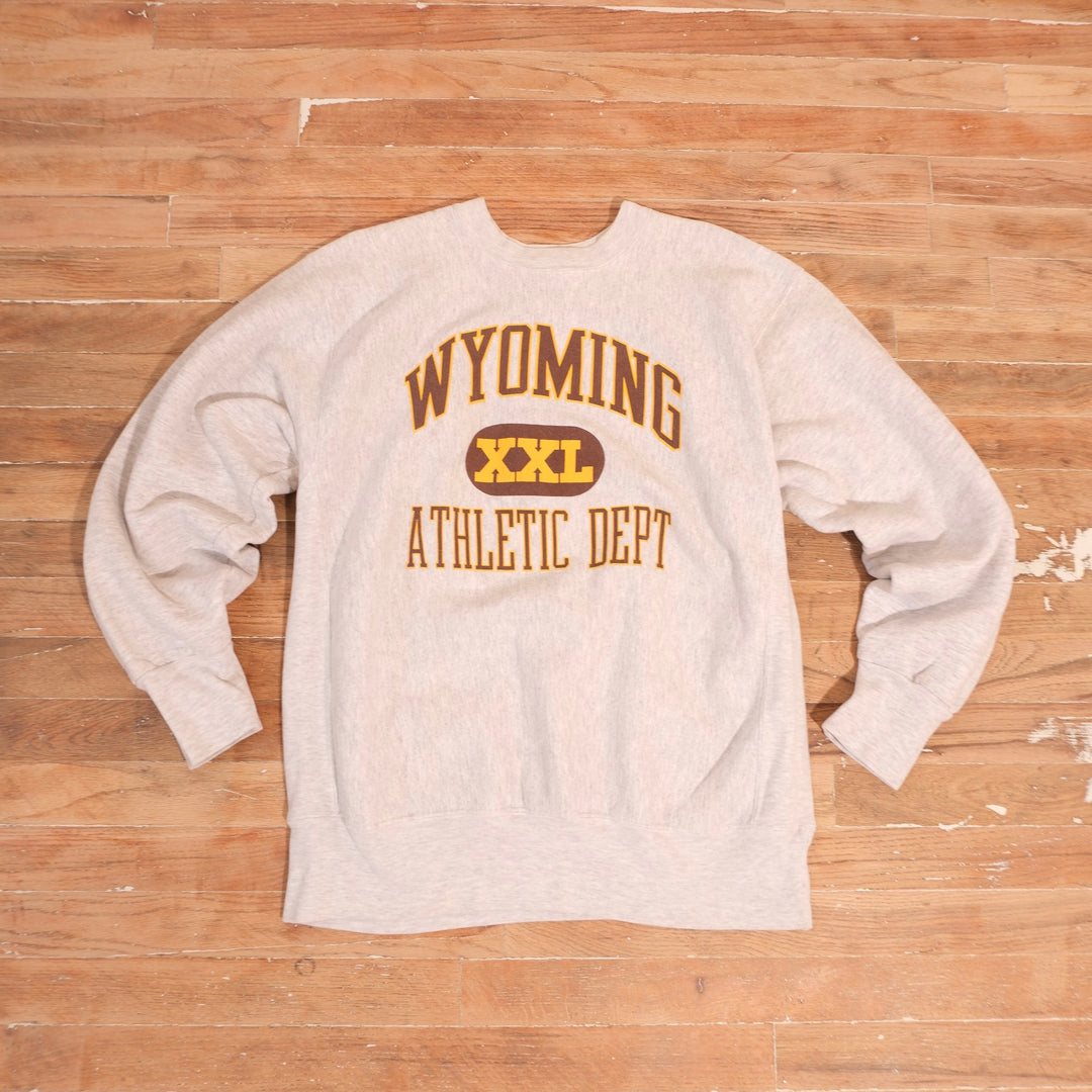 1990s heather gray Wyoming Cowboys XXL Athletic Dept crewneck with brown and gold screen print