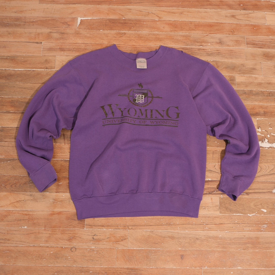 Purple 1990s Oneita University of Wyoming Cowboys crewneck with dark Wyoming screen print and embroidered crest