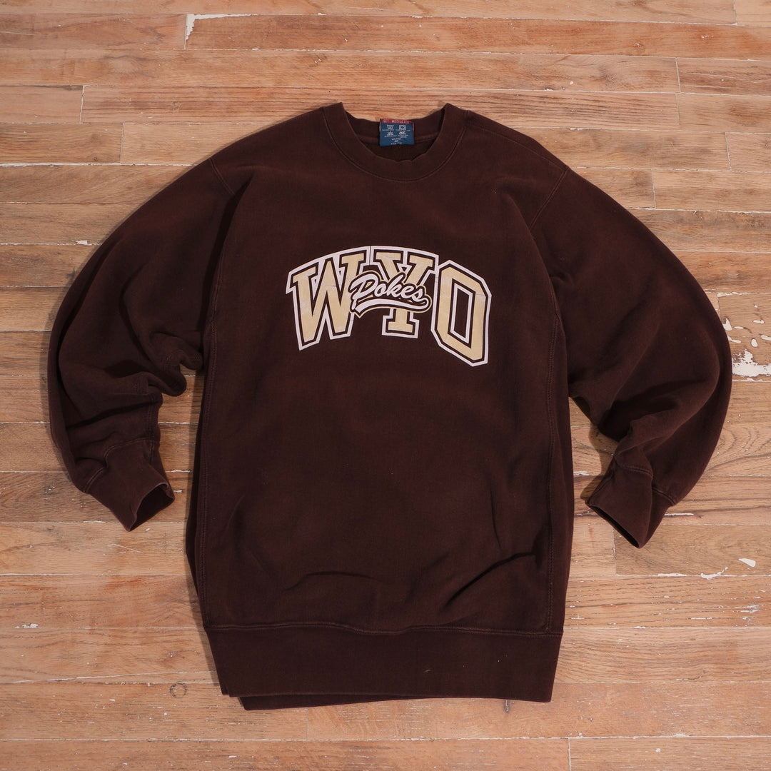 Brown late 1990s Wyoming Cowboys heavyweight crewneck with cream WYO and Pokes script graphic