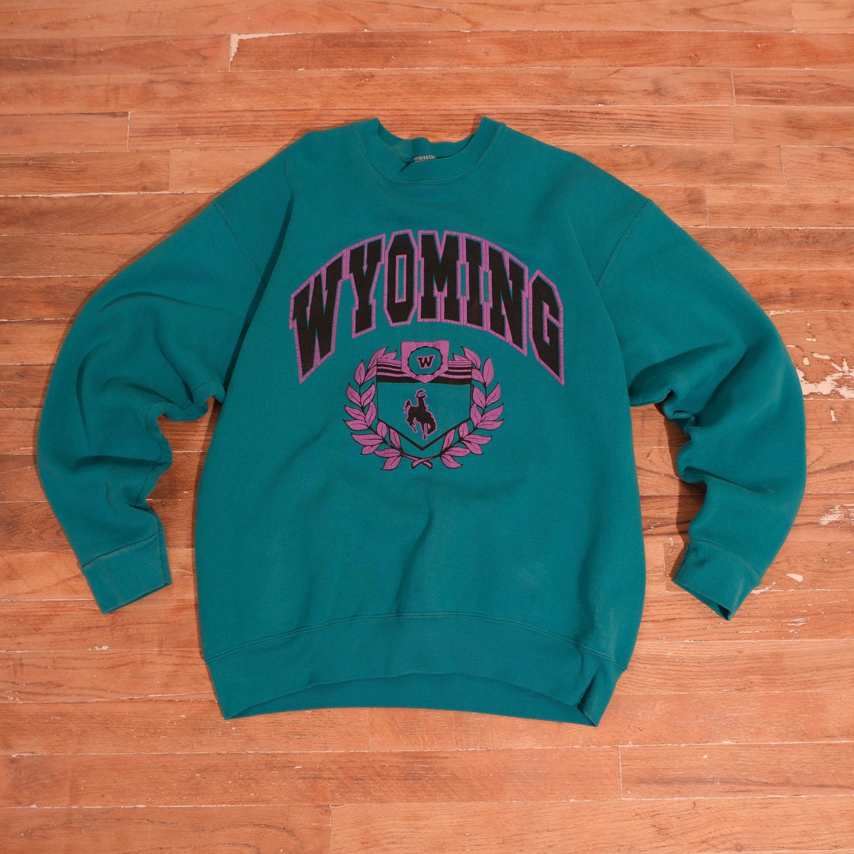 Turquoise teal 1990s Wyoming Cowboys crewneck with purple and black puff-print Wyoming arch and Steamboat crest
