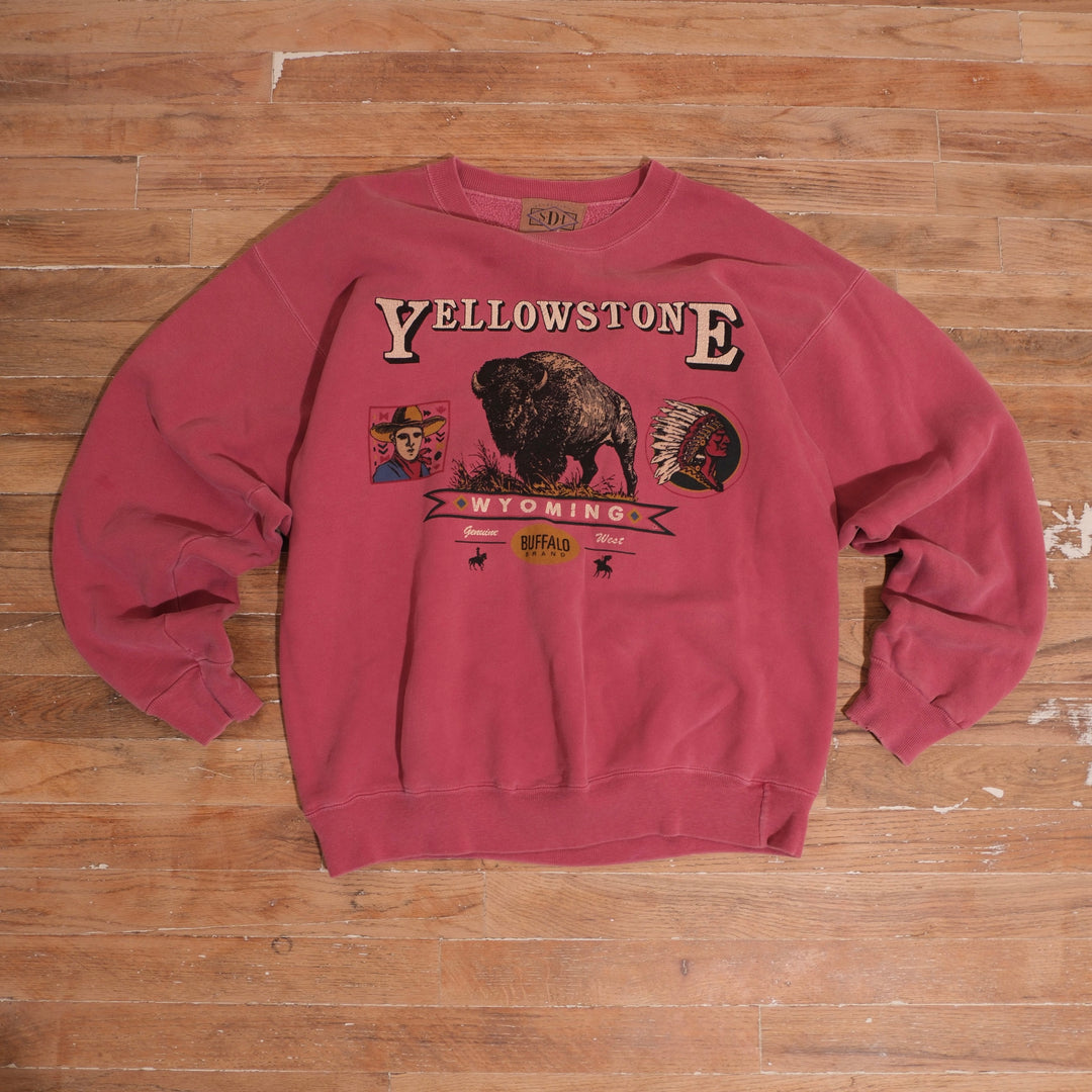 1990s faded maroon Yellowstone Wyoming heavyweight crewneck with large buffalo and Western puff print graphic