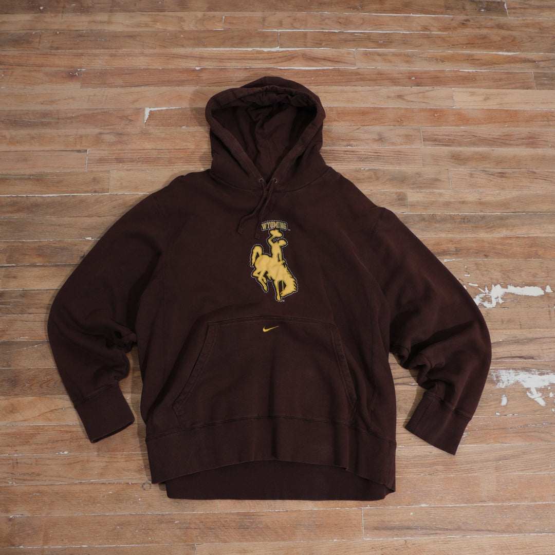 Vintage 2000s Nike Wyoming Steamboat Center Swoosh Hoodie in brown, front view