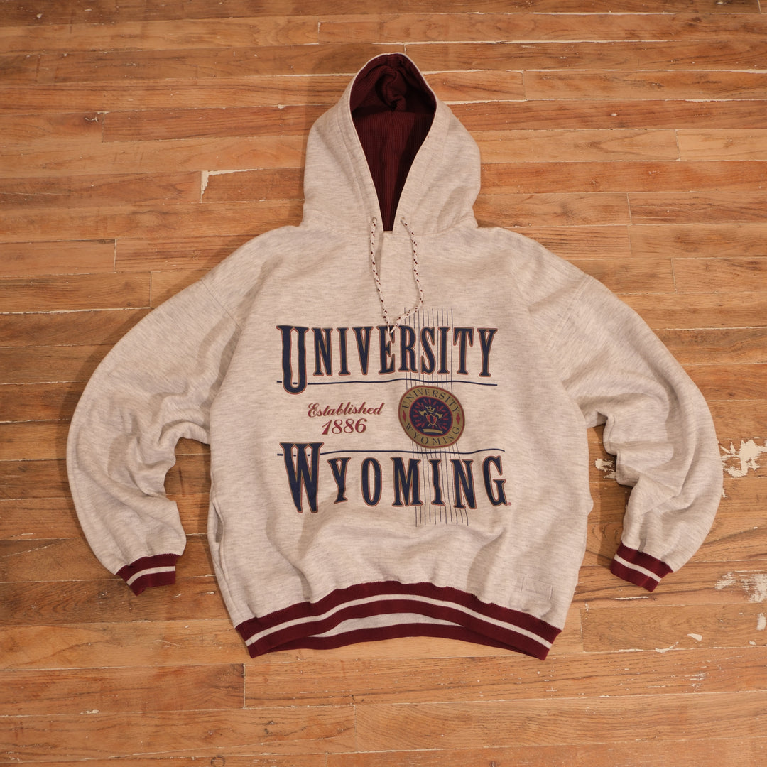 Vintage 1990s University of Wyoming Waffle Lined Varsity Hoodie in gray, front view