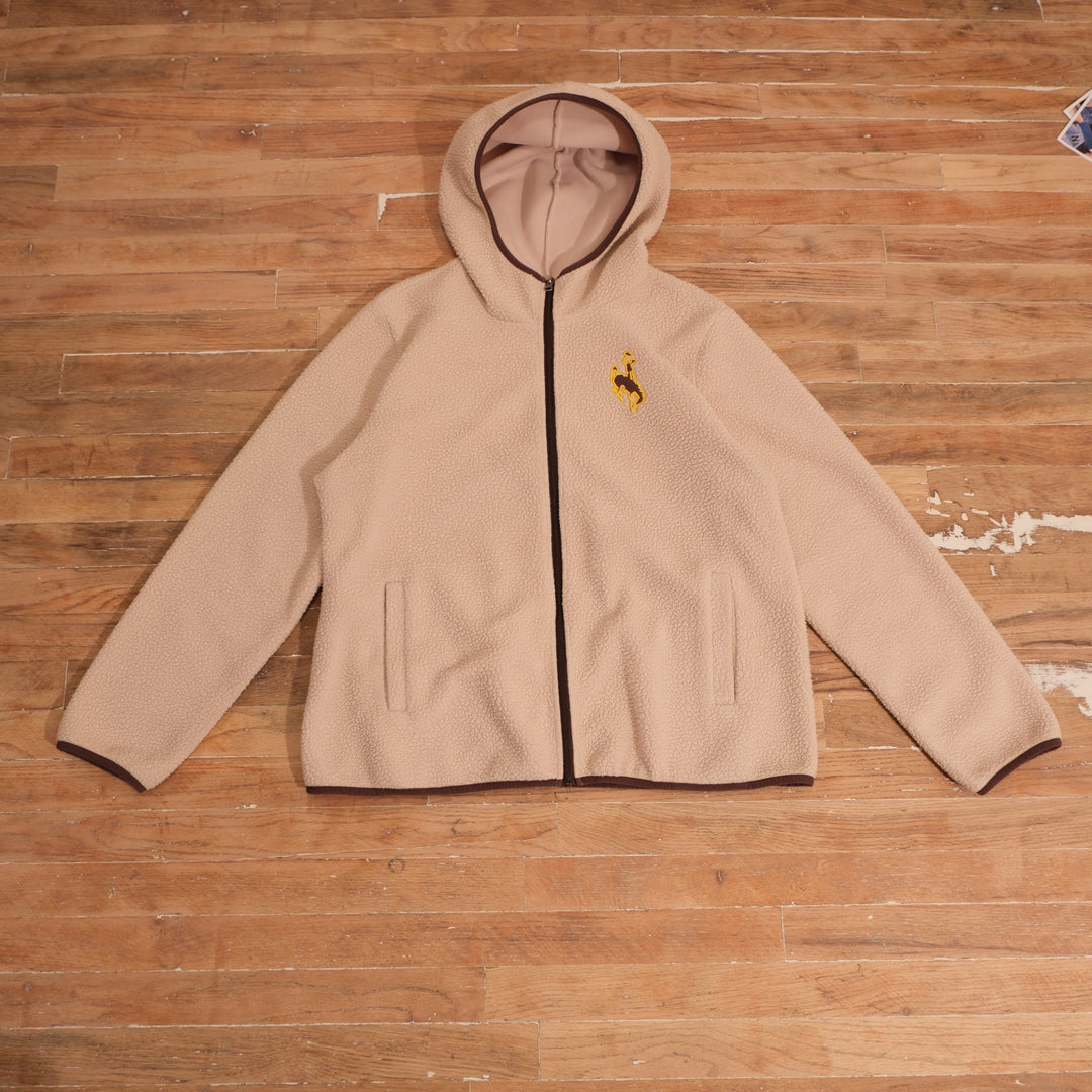 Vintage 2000s Wyoming Steamboat Sherpa Fleece Zip Hoodie in beige, front view