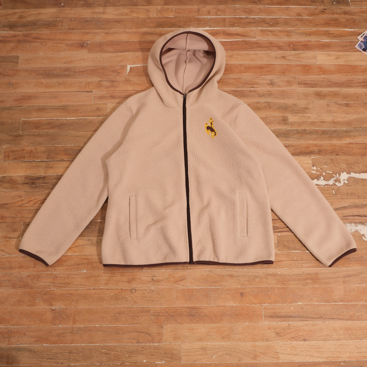Vintage 2000s Wyoming Steamboat Sherpa Fleece Zip Hoodie in beige, front view