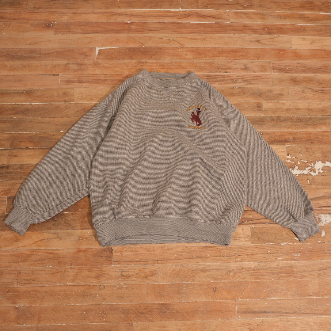 Vintage 2000s Wyoming Waffle Knit Embroidered Crewneck in brown, front view