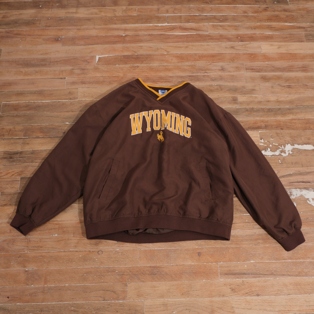 Vintage 2000s Wyoming Cowboys Brown V Neck Windbreaker in brown, front view
