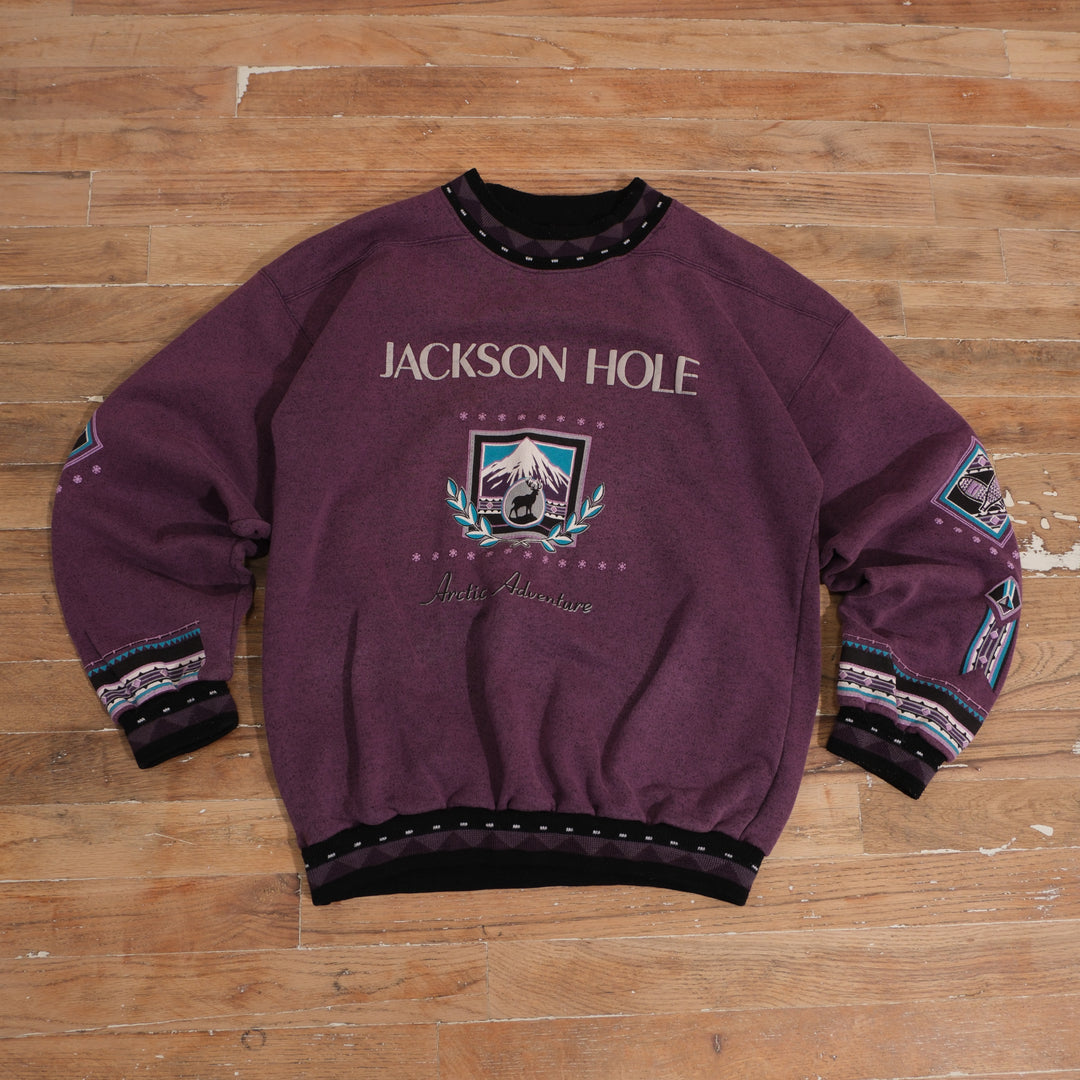 Vintage 1990s Jackson Hole Arctic Adventure Graphic Crewneck in purple, front view