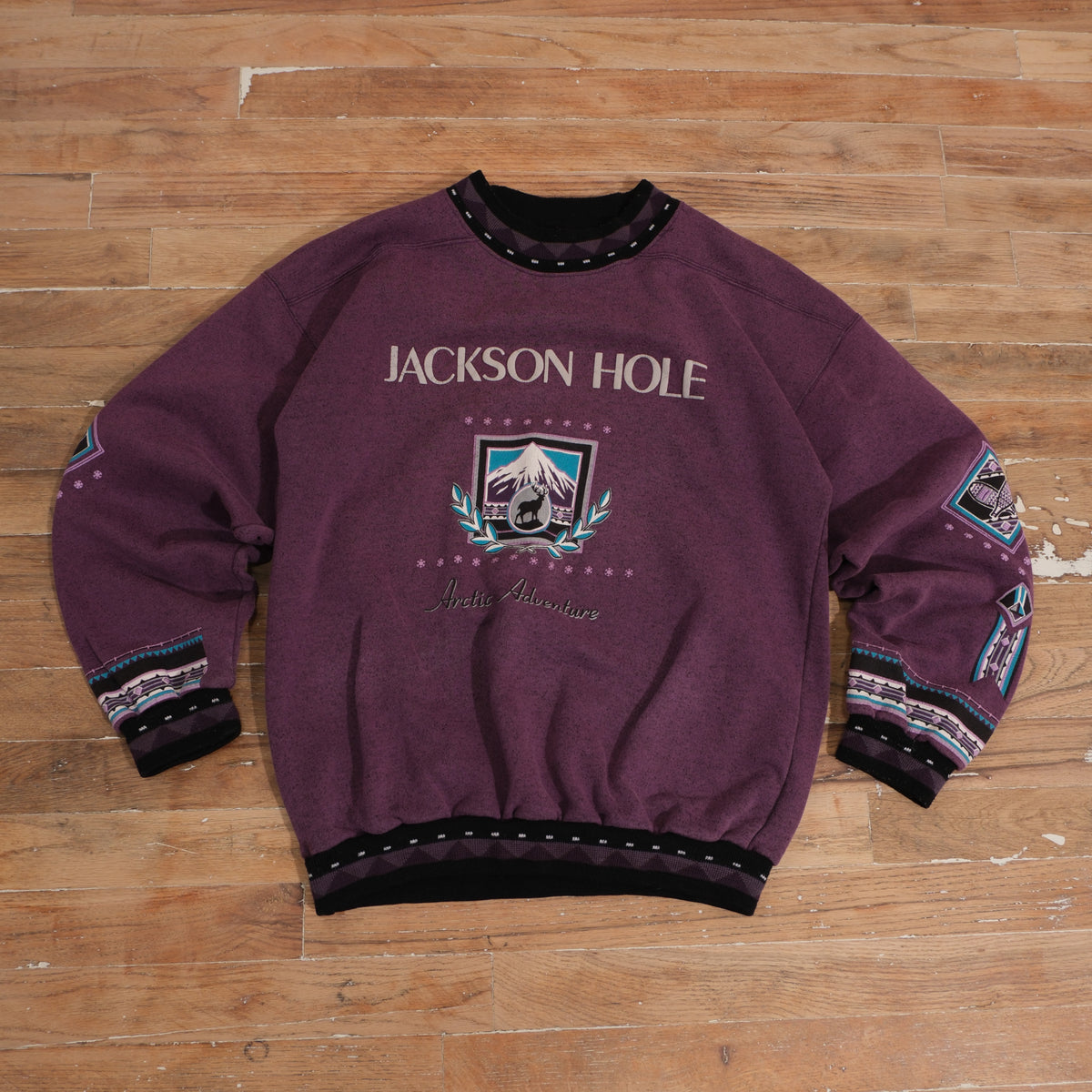 Vintage 1990s Jackson Hole Arctic Adventure Graphic Crewneck in purple, front view