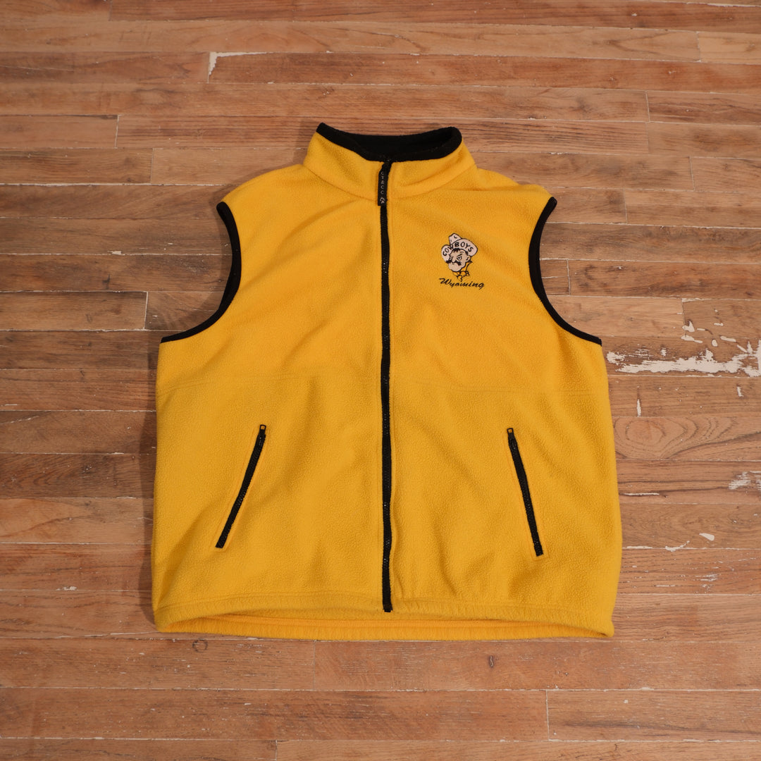 Vintage Y2K Wyoming Cowboys Gold Pistol Pete Fleece Vest in yellow, front view