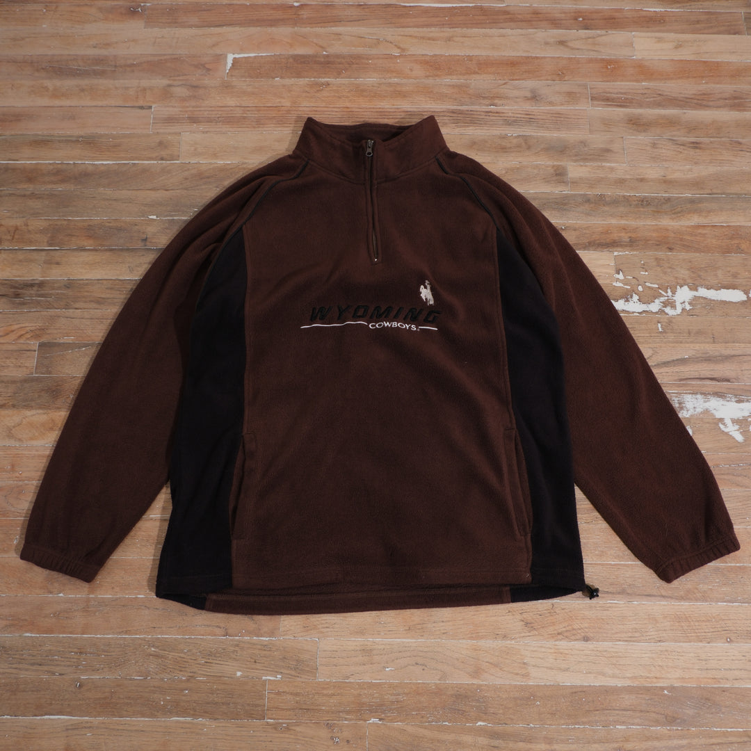 Vintage Y2K Wyoming Cowboys Brown Colorblock Quarter Zip Fleece in brown, front view