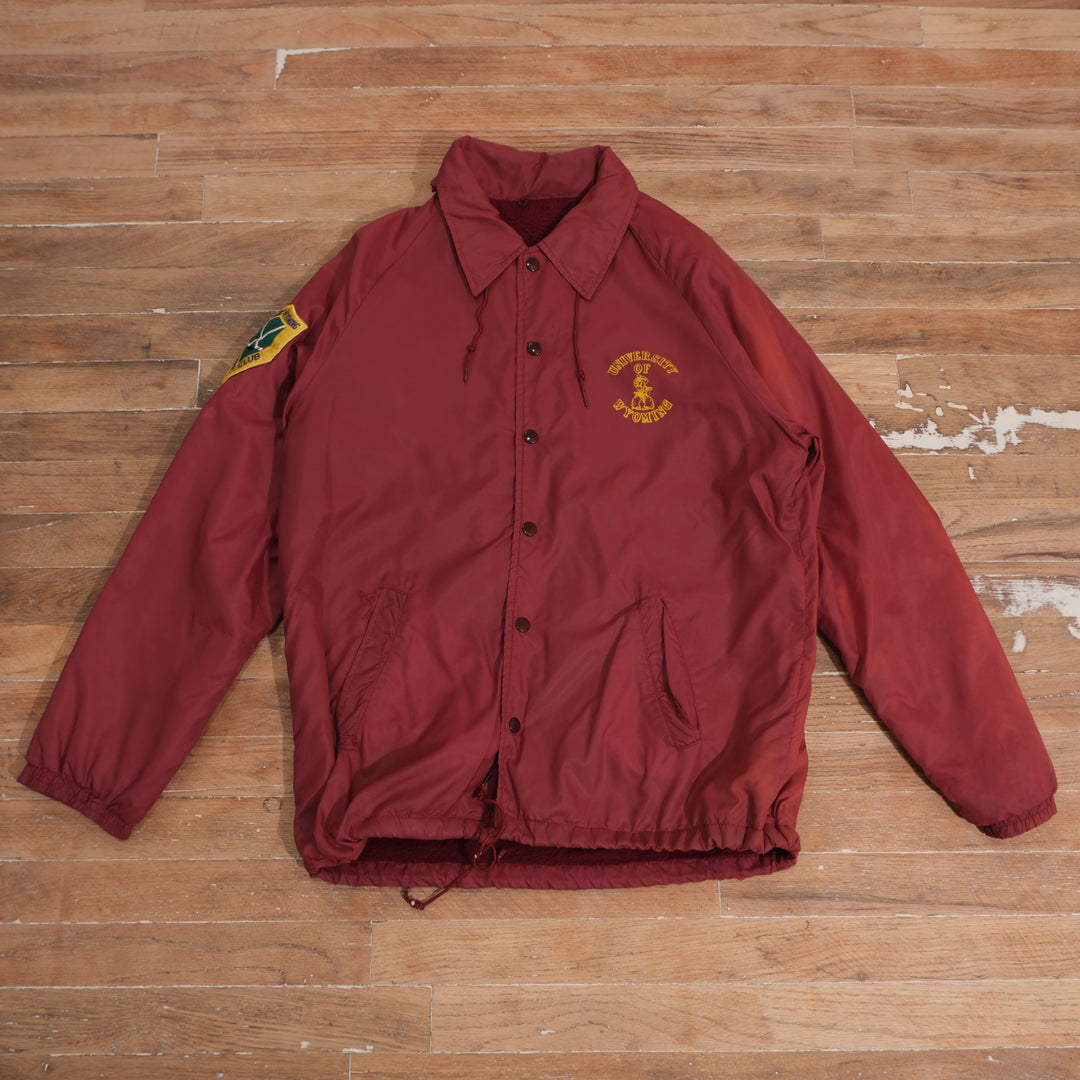 Vintage 1970s Champion University of Wyoming Hockey Club Windbreaker Jacket in red, front view