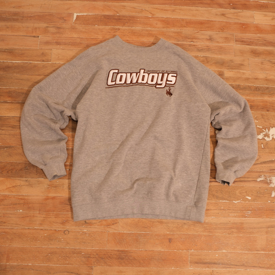 Vintage Y2K Wyoming Cowboys Embroidered Logo Crewneck in gray, front view
