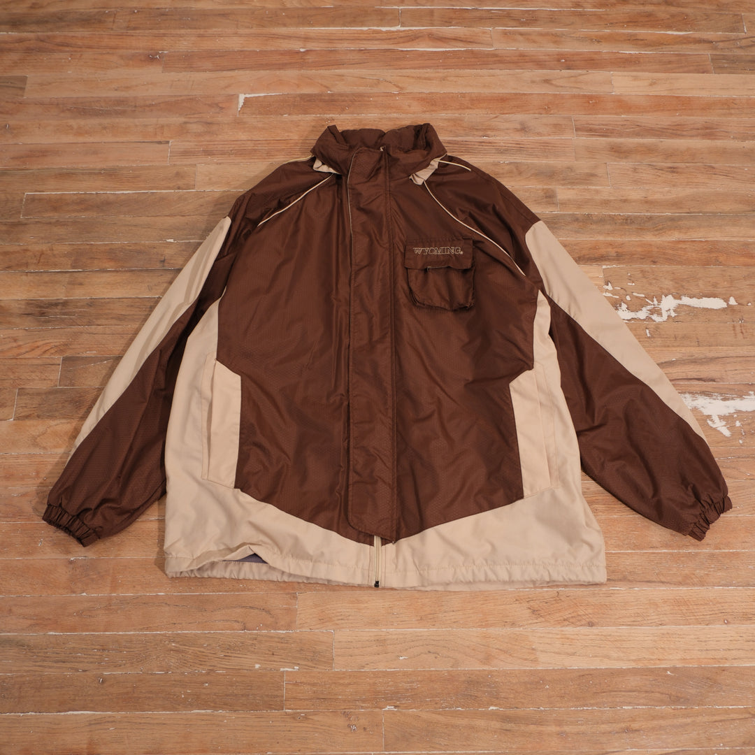 Vintage Y2K Wyoming Cowboys Brown Cream Fleece Lined Jacket in brown, front view