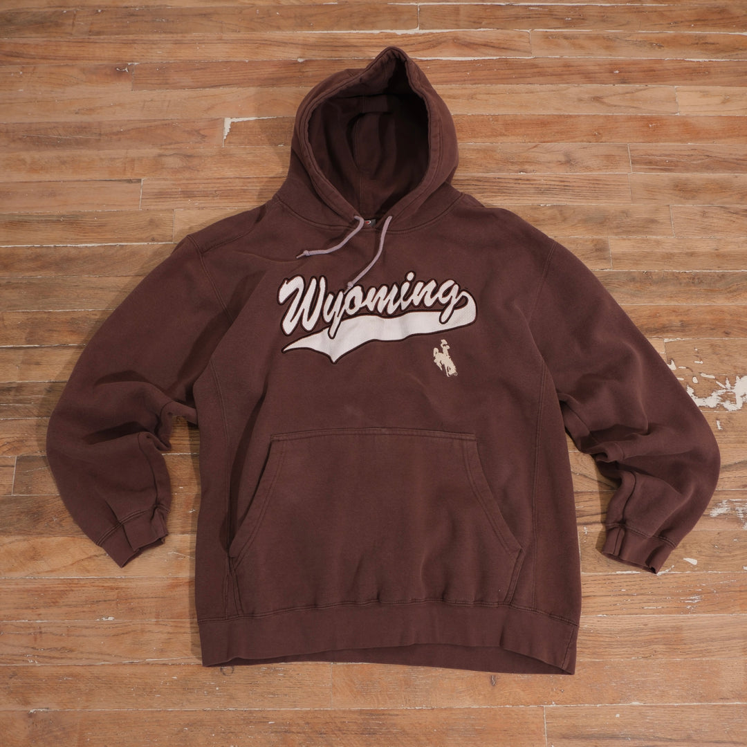 Vintage Y2K Pro Player Wyoming Script Embroidered Hoodie in brown, front view