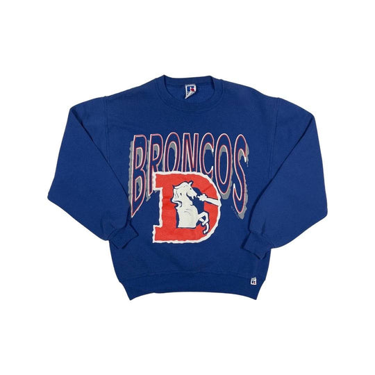 1980s Broncos Russell crewneck sweatshirt from West Block Vintage, featuring classic team branding and a comfortable fit. Ideal for vintage crewneck collectors and Denver Broncos enthusiasts.